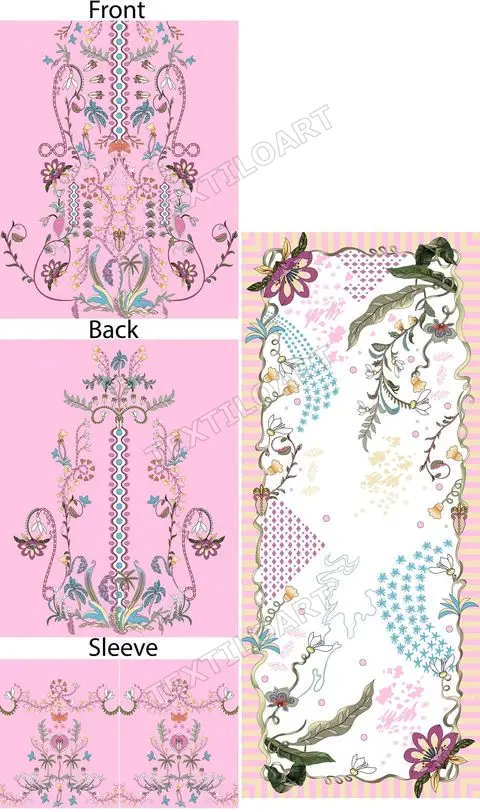 Floral Lawn Suit Print Set, front, back, sleeve and dupatta layout